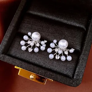 Elegant Radial Fan Shaped Artificial Pearl Stud Earrings Alloy Cubic Zirconia With Silver Earring Post For Women