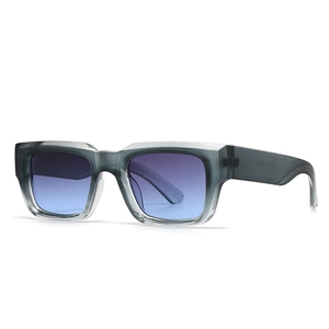 Square transparent grey sunglasses with blue-purple gradient lenses and thick frame