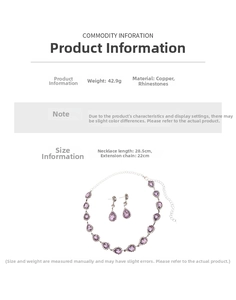 Detailed view of purple teardrop crystal necklace set with dimensions and weight info