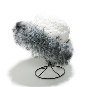 Winter quilted floral bucket hat with gray faux fox fur trim and warm thermal lining