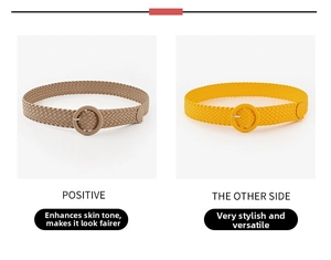 Detail of khaki and yellow braided PU belts with color-matched round buckles