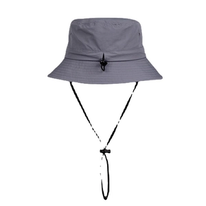 Front view of a dark grey nylon quick-dry bucket hat with an adjustable chin strap