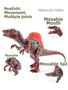 Detailed view of realistic Spinosaurus toy with movable jaw and joints in brown and green