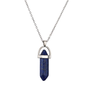 Close-up of hexagonal blue lapis lazuli stone pendant on a silver necklace chain