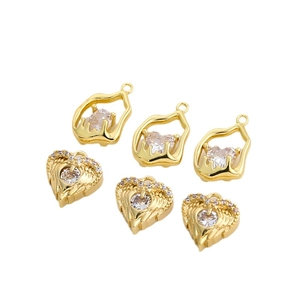 Gold-plated heart pendant with sparkling white zircon for DIY jewelry making