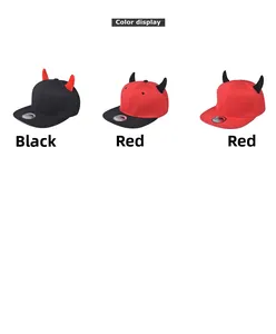 Detailed comparison of devil horn baseball caps in black and red color schemes
