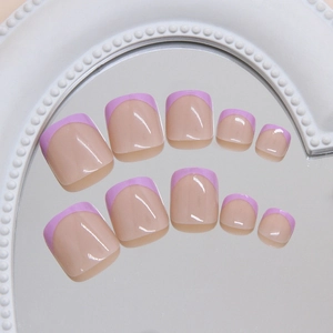 French tip lavender press-on toe nails set with 24 minimalist glossy purple pieces