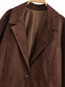 Detailed view of dark brown faux suede blazer featuring notched lapels and smooth satin lining