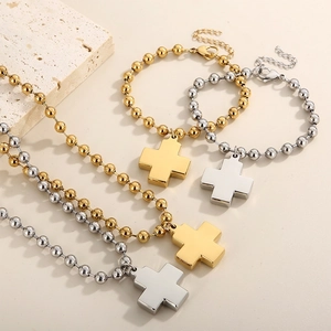Stainless Steel Cross Pendant Necklace And Bracelet Ball Chain Hip Hop Punk Fashion Jewelry For Women Men