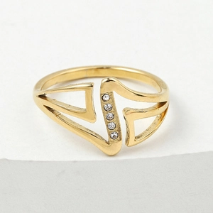 Golden stainless steel triangle ring with micro-paved cubic zirconia crystals