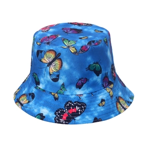 Summer sun protection fisherman hat with colorful butterfly print and blue tie-dye pattern