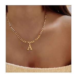 Gold stainless steel Figaro chain necklace featuring a capital letter A pendant for women
