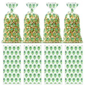 Detail of peacock feather pattern flat treat bags for cookies and candy packaging