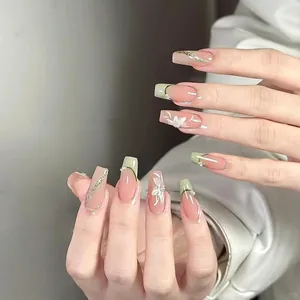 Press On Nails Long Coffin Square French Avocado Green White Flower Artificial Pearl Glitter Elegant Artificial Fake Nails Women
