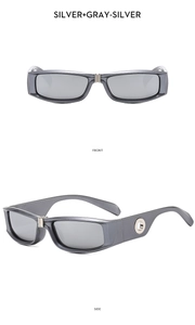 Front and side views of silver frame sunglasses with gray lenses for men and women