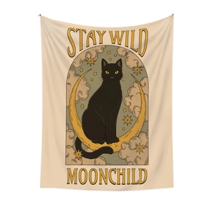 Bohemian moonlit cat tapestry with Stay Wild Moonchild text for room decoration
