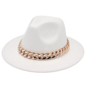 Detail of white wool fedora hat featuring a chunky rose gold acrylic chain accent