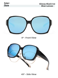 Detail view of glossy black fit-over sunglasses with ice blue polarized lenses for women