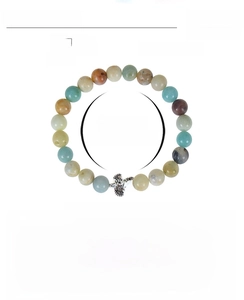 Detail showing 8mm amazonite beads with silver turtle charm on an elastic cord bracelet