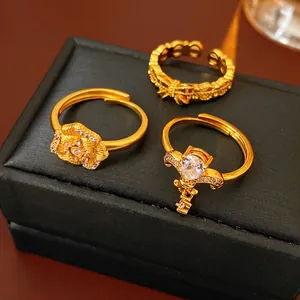 Vintage Flower Ring Adjustable Copper Gold Plated With Cubic Zirconia French Palace Style For Women Fashion Jewelry