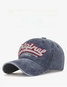 Detail of blue denim baseball cap with Original 3D embroidery and vintage stitching