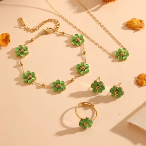 Gold stainless steel jewelry set featuring green cat eye stone flower necklace and earrings