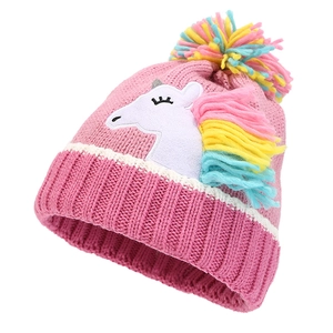 Rosa Strickmütze für Mädchen mit Einhorn-Stickerei und buntem Kunstfell-Bommel-Detail