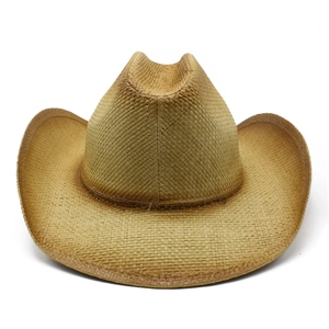Detailed weave of tan straw cowboy hat with curved brim and indented crown