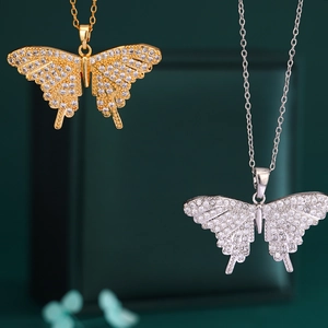 18K gold and silver butterfly pendants with white zircon inlay on delicate chains