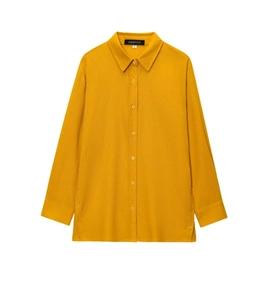 Chemise en lin jaune gingembre à manches longues avec col classique et boutons de côté