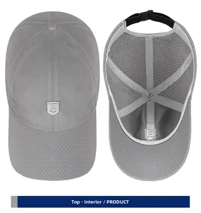 Detail of laser-cut perforated grey sports cap with silver R logo and adjustable strap