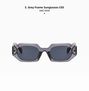 Detail view of grey transparent geometric sunglasses with demi pattern temples and C05 code