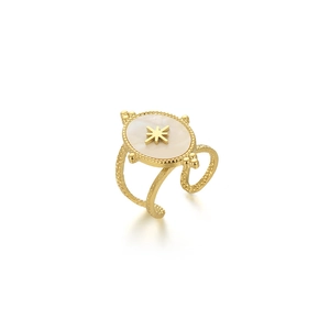Detail of vintage gold-plated ring featuring oval mother of pearl and star engraving