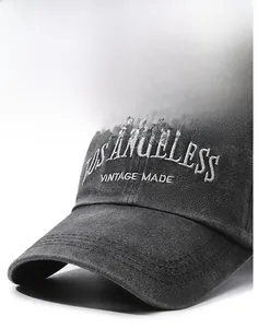 Detail of the high-quality 3D embroidery on washed vintage-style baseball cap fabric