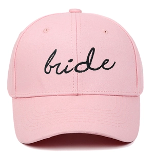 Pink cotton baseball cap featuring black bride embroidery for wedding celebrations