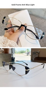 Dettaglio occhiali semi-glasant in metallo dorato con lenti anti-luce blu