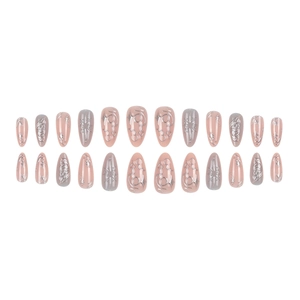 Almond press-on nails set featuring pink and grey tones with silver glitter star patterns