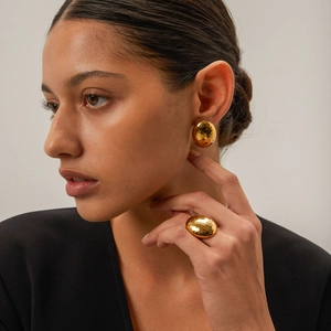 18K gold plated stainless steel jewelry set with hammered texture earrings and ring