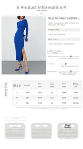 Detailed size guide and fabric composition for knit long sleeve dress with side slit