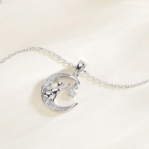 Elegant S925 sterling silver moon cat zircon pendant necklace on beige silk fabric