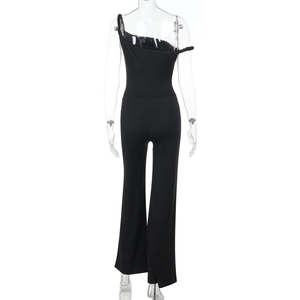 Back view of black one-shoulder slim jumpsuit with concealed zipper and wide leg design