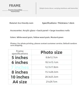 Size chart for resin hanging photo frames showing dimensions from 5 inch to A4 size