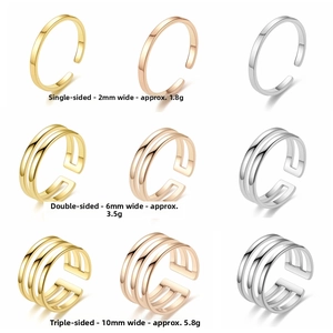 Specifications of single, double, and triple layer open rings in gold, silver, and rose gold