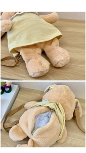 Detail of plush bear backpack featuring corduroy dress and back zipper compartment
