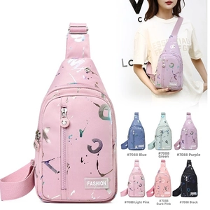 Close-up detail of trendy waterproof nylon crossbody bag with colorful ink splash print