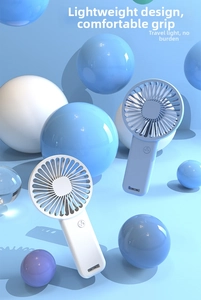 Detail view of portable USB handheld fans in white and blue with light compact design