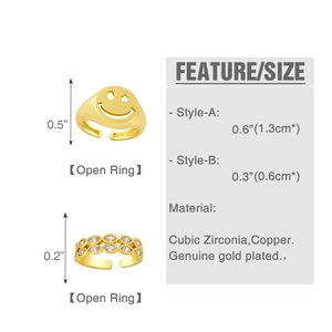 Dettaglio dimensioni anello aperto dorato e specifiche del materiale placcato in oro