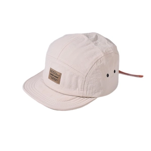 Off-white five-panel camper cap with quick-dry nylon fabric and adjustable back strap