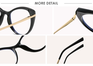Detailed views of cat-eye frame hinges and gold metal temples on fashion glasses