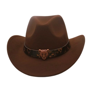 Detail of dark brown cowboy felt hat featuring a leopard print band and leopard head buckle